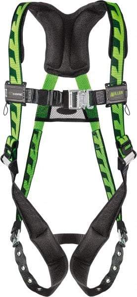 Miller - 400 Lb Capacity, Size Universal, Full Body AirCore Single D-Ring Safety Harness - Polyester, Tongue Buckle Leg Strap, Quick Connect Chest Strap, Black/Green - Americas Industrial Supply