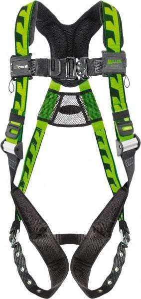 Miller - 400 Lb Capacity, Size Universal, Full Body AirCore Single D-Ring Safety Harness - Polyester, Tongue Buckle Leg Strap, Quick Connect Chest Strap, Black/Green - Americas Industrial Supply