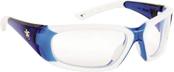 MCR Safety - Clear Lenses, Framed Safety Glasses - Anti-Fog, Scratch Resistant, Blue, White Polycarbonate/Thermoplastic Rubber Frame, Size Universal, Wrap Around - Americas Industrial Supply