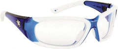 MCR Safety - Clear Lenses, Framed Safety Glasses - Anti-Fog, Scratch Resistant, Blue, White Polycarbonate/Thermoplastic Rubber Frame, Size Universal, Wrap Around - Americas Industrial Supply