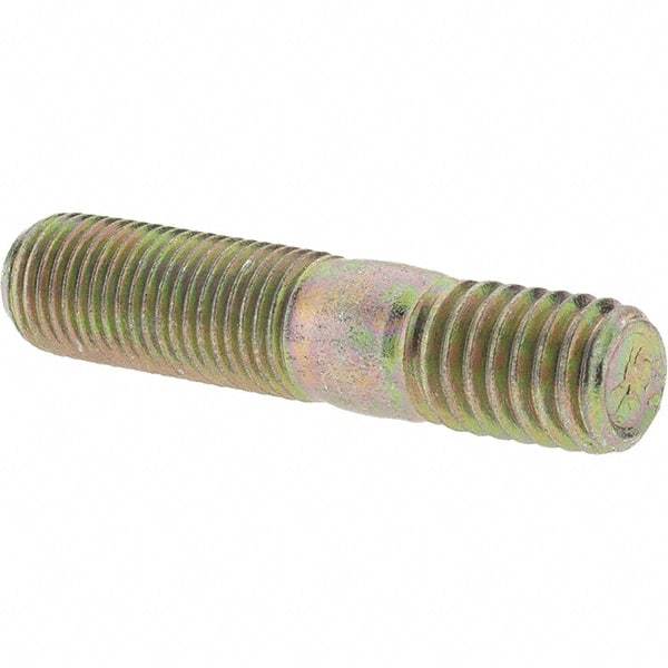 Value Collection - 3/8-24 Long Thread, 3/8-16 Short Thread, 1-3/4" OAL Unequal Double Threaded Stud - Alloy Steel, Zinc Yellow Dichromate Finish, 1" Long Thread Length, 9/16" Short Thread Length - Americas Industrial Supply