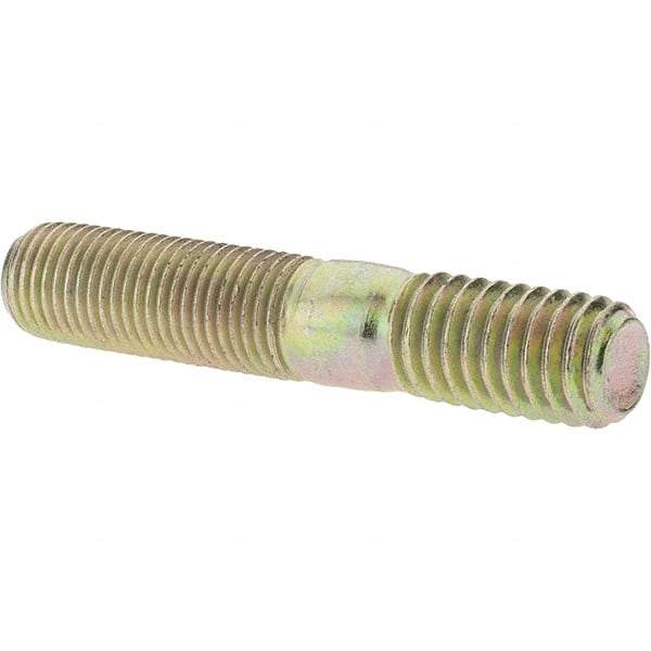 Value Collection - 3/8-24 Long Thread, 3/8-16 Short Thread, 2" OAL Unequal Double Threaded Stud - Alloy Steel, Zinc Yellow Dichromate Finish, 1-1/16" Long Thread Length, 5/8" Short Thread Length - Americas Industrial Supply