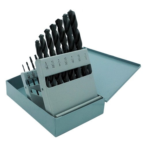 ‎1/16-1/2 RHS / RHC HSS 118 Degree Radial Point General Purpose Jobber Length Drill Set - Steam Oxide - Exact Industrial Supply