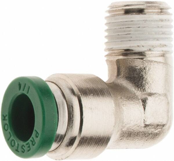Parker - 1/4" Outside Diam, 1/8 NPTF, Nickel Plated Brass Push-to-Connect Tube Male Elbow - 300 Max psi, Tube to Male NPT Connection, Nitrile O-Ring - Americas Industrial Supply