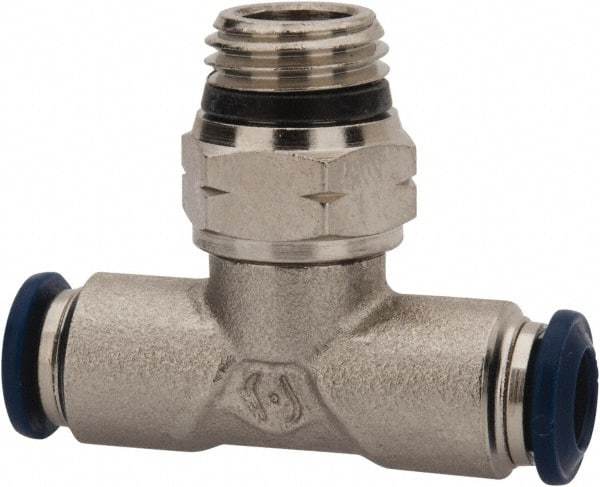 Value Collection - 1/8" Outside Diam, 1/4 Universal, Nickel Plated Brass Push-to-Connect Tube Male Swivel Branch Tee - 250 Max psi, Tube to Universal Thread Connection, Buna O-Ring - Americas Industrial Supply