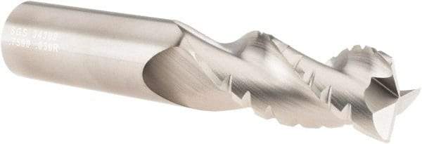 SGS - 3/4" Diam, 1-5/8" LOC, 3 Flute Solid Carbide 0.03" Corner Radius Roughing End Mill - TiB2 Finish, 4" OAL, 3/4" Shank Diam, Single End, Centercutting, 38° Helix - Americas Industrial Supply