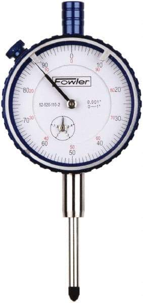 Fowler - 1" Range, 0-100 Dial Reading, 0.001" Graduation Dial Drop Indicator - 2-1/4" Dial, 0.1" Range per Revolution, Revolution Counter - Americas Industrial Supply