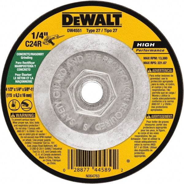 DeWALT - 24 Grit, 4-1/2" Wheel Diam, 1/4" Wheel Thickness, Type 27 Depressed Center Wheel - Silicon Carbide, Resinoid Bond, 13,300 Max RPM - Americas Industrial Supply