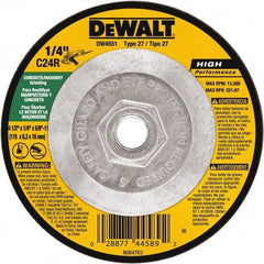 DeWALT - 24 Grit, 4-1/2" Wheel Diam, 1/4" Wheel Thickness, Type 27 Depressed Center Wheel - Silicon Carbide, Resinoid Bond, 13,300 Max RPM - Americas Industrial Supply