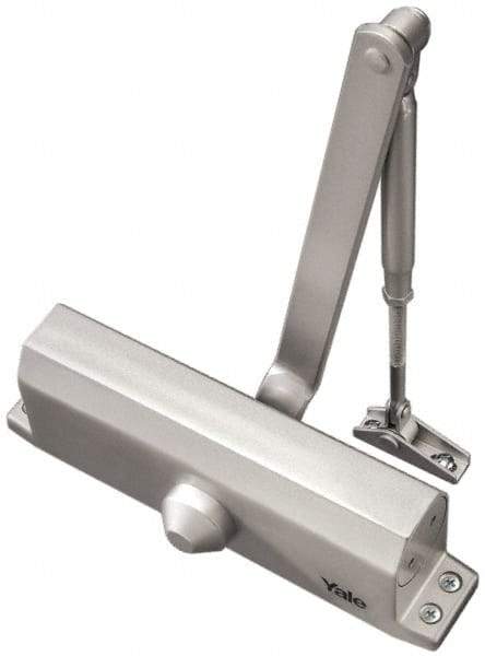 Yale - 42" Door Width, 9-3/4" Closer Body Length, Non-Handed Door Closer Manual Damper - Aluminum Finish, Non-Handed - Americas Industrial Supply