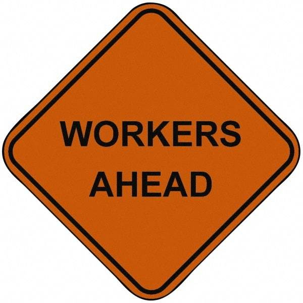 PRO-SAFE - "Workers Ahead", 48" Wide x 48" High, Nylon Construction Roadway Signs - Orange, Square, Sign Stand Mount - Americas Industrial Supply