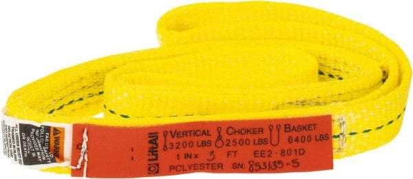 Lift-All - 3' Long x 1" Wide, 3,200 Lb Vertical Capacity, 2 Ply, Polyester Web Sling - 2,500 Lb Choker Capacity, Yellow - Americas Industrial Supply