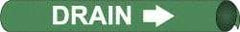 NMC - Pipe Marker with Drain Legend and Arrow Graphic - 3-3/8 to 4-1/2" Pipe Outside Diam, White on Green - Americas Industrial Supply