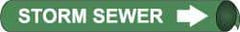NMC - Pipe Marker with Storm Sewer Legend and Arrow Graphic - 3-3/8 to 4-1/2" Pipe Outside Diam, White on Green - Americas Industrial Supply