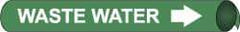 NMC - Pipe Marker with Waste Water Legend and Arrow Graphic - 1-1/8 to 2-3/8" Pipe Outside Diam, White on Green - Americas Industrial Supply