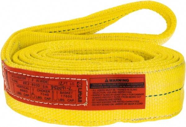 Lift-All - 12' Long x 3" Wide, 8,600 Lb Vertical Capacity, 2 Ply, Polyester Web Sling - 6,900 Lb Choker Capacity, Yellow - Americas Industrial Supply