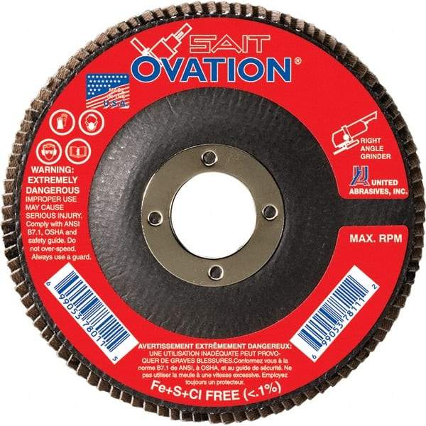 Sait - 36 Grit, 4-1/2" Disc Diam, 7/8" Center Hole, Type 27 Zirconia Alumina Flap Disc - 13,300 Max RPM, Fiberglass Backing, Arbor Attaching System, Coated - Americas Industrial Supply