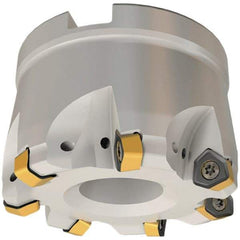 Iscar - 9 Inserts, 4.921" Cutter Diam, 0.079" Max Depth of Cut, Indexable High-Feed Face Mill - 1.575" Arbor Hole Diam, 0.646" Keyway Width, 2.165" High, FF FWX-08 Toolholder, H600 WXCU 08 Inserts, Series Helido - Americas Industrial Supply