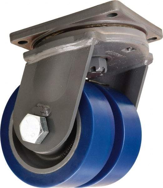 Hamilton - 8" Diam x 3" Wide x 11" OAH Top Plate Mount Dual Swivel Caster - Polyurethane Mold on Forged Steel, 7,000 Lb Capacity, Tapered Roller Bearing, 8-1/2 x 8-1/2" Plate - Americas Industrial Supply