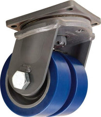 Hamilton - 8" Diam x 3" Wide x 11" OAH Top Plate Mount Dual Swivel Caster - Polyurethane Mold on Forged Steel, 7,000 Lb Capacity, Tapered Roller Bearing, 8-1/2 x 8-1/2" Plate - Americas Industrial Supply