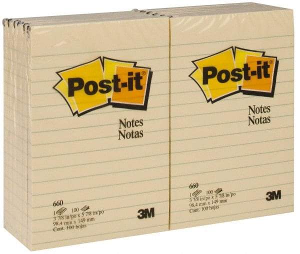 3M - 100 Sheet, 4 x 6", Note Pad/Writing Pad/Notebook - Yellow - Americas Industrial Supply