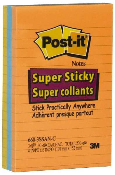 3M - 90 Sheet, 4 x 6", Note Pad/Writing Pad/Notebook - Neon Colors - Americas Industrial Supply