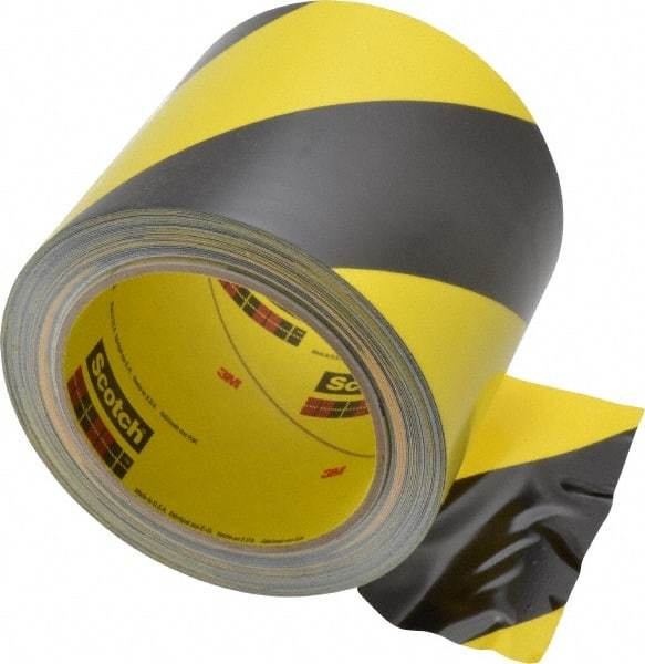 3M - Black & Yellow Striped Vinyl Tape - 4" Wide x 108' Long x 5.4 mil Thick, General Traffic - Americas Industrial Supply