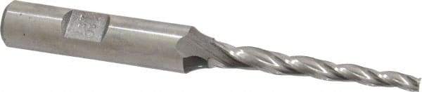 Made in USA - 1.5° Taper Angle per Side, 1/8" Small End Diam, 1-1/2" LOC, High Speed Steel 3 Flute Tapered Square End Mill - 3-1/4" OAL, 3/8" Shank Diam, Spiral Flute - Americas Industrial Supply