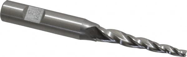Made in USA - 3° Taper Angle per Side, 1/8" Small End Diam, 1-1/2" LOC, High Speed Steel 3 Flute Tapered Square End Mill - 3-1/4" OAL, 3/8" Shank Diam, Spiral Flute - Americas Industrial Supply