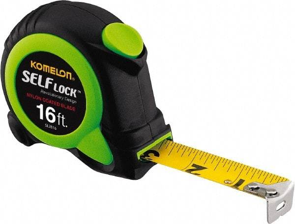 Komelon - 16' x 3/4" Yellow Steel Blade Tape Measure - 1/16" Graduation, Inch Graduation Style, High-Visibility Green/Black ABS Plastic Case - Americas Industrial Supply