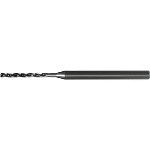 2.1 mm Dia. × 4 mm Shank × 22.8 mm Flute Length × 64 mm OAL, 8xD, 140°, AlTiN Nano, 2 Flute, Coolant Thru, Straight / Cylindrical Solid Carbide Drill - Exact Industrial Supply