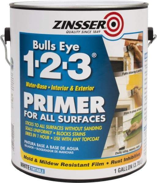 Zinsser - 1 Gal Flat White Water-Based Acrylic Enamel Primer - 350 to 450 Sq Ft Coverage, 84 gL Content, Quick Drying - Americas Industrial Supply