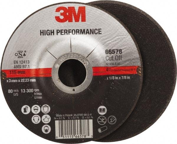 3M - 36 Grit, 4-1/2" Wheel Diam, 1/8" Wheel Thickness, 7/8" Arbor Hole, Type 27 Depressed Center Wheel - Ceramic, Resinoid Bond, R Hardness, 13,300 Max RPM - Americas Industrial Supply