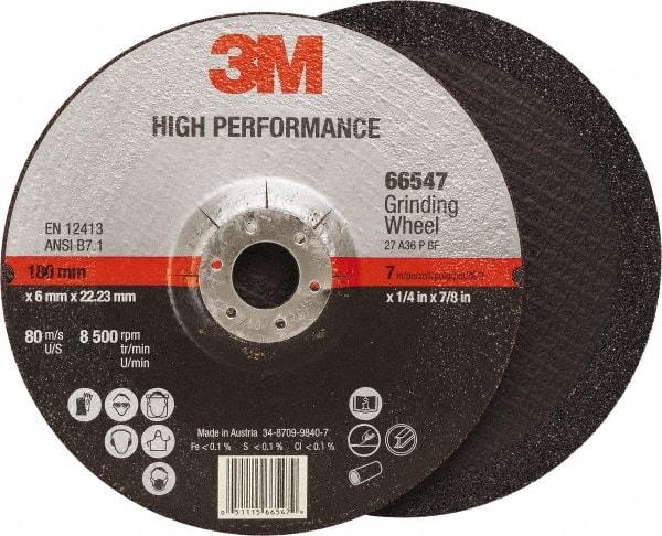 3M - 36 Grit, 7" Wheel Diam, 1/4" Wheel Thickness, 7/8" Arbor Hole, Type 27 Depressed Center Wheel - Ceramic, Resinoid Bond, 8,500 Max RPM, Compatible with Angle Grinder - Americas Industrial Supply