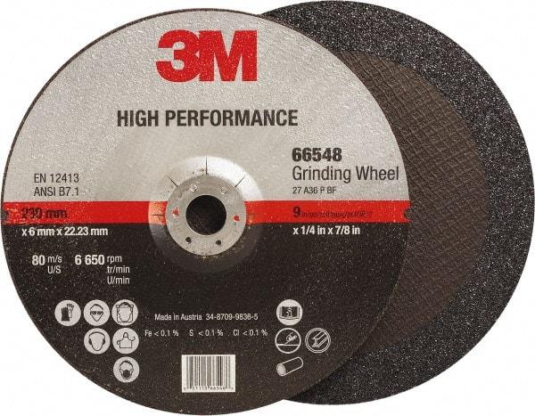 3M - 36 Grit, 9" Wheel Diam, 1/4" Wheel Thickness, 7/8" Arbor Hole, Type 27 Depressed Center Wheel - Ceramic, Resinoid Bond, 6,650 Max RPM, Compatible with Angle Grinder - Americas Industrial Supply