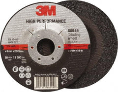 3M - 36 Grit, 4-1/2" Wheel Diam, 1/4" Wheel Thickness, 7/8" Arbor Hole, Type 27 Depressed Center Wheel - Ceramic, Resinoid Bond, 13,300 Max RPM, Compatible with Angle Grinder - Americas Industrial Supply