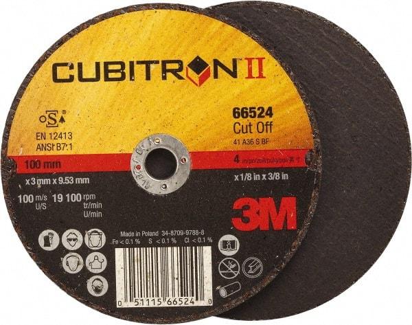 3M - 4" 36 Grit Ceramic Cutoff Wheel - 1/8" Thick, 3/8" Arbor, 19,100 Max RPM, Use with Angle Grinders - Americas Industrial Supply