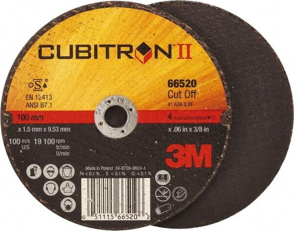 3M - 4" 36 Grit Ceramic Cutoff Wheel - 0.06" Thick, 3/8" Arbor, 19,100 Max RPM, Use with Angle Grinders - Americas Industrial Supply