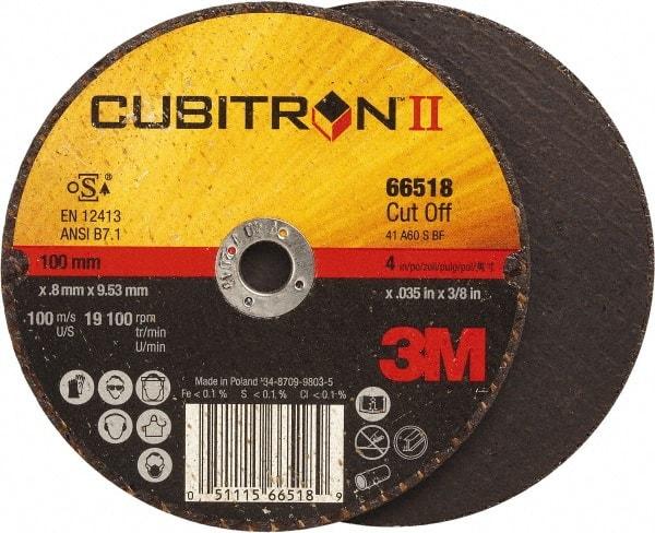 3M - 4" 60 Grit Ceramic Cutoff Wheel - 0.035" Thick, 3/8" Arbor, 19,100 Max RPM, Use with Angle Grinders - Americas Industrial Supply