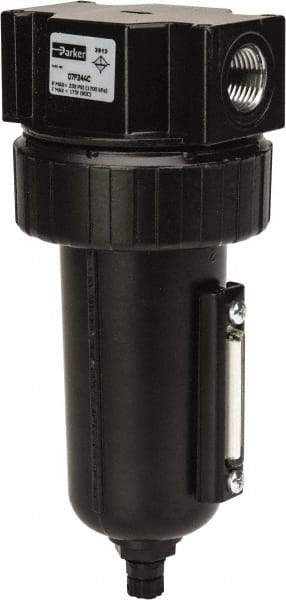 Parker - 1/2" Port, 7.67" High x 3.24" Wide Standard Filter with Metal Bowl, Manual Drain - 130 SCFM, 250 Max psi, 175°F Max Temp, Sight Glass Included, Modular Connection, 7.2 oz Bowl Capacity - Americas Industrial Supply