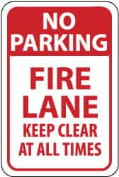 NMC - "No Parking - Fire Lane - Keep Clear at All Times", 12" Wide x 18" High, Aluminum Fire Lane Signs - 0.063" Thick, Red on White, Rectangle, Post Mount - Americas Industrial Supply