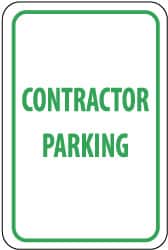 NMC - "Contractor Parking", 12" Wide x 18" High, Aluminum Reserved Parking Signs - 0.063" Thick, Green on White, Rectangle, Post Mount - Americas Industrial Supply