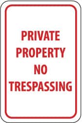 NMC - "Private Property - No Trespassing", 12" Wide x 18" High, Aluminum Parking Lot Traffic Signs - 0.04" Thick, Red on White, Rectangle, Post Mount - Americas Industrial Supply