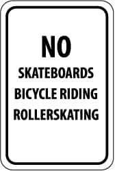 NMC - "No Skateboards Bicycle Riding Rollerskating", 12" Wide x 18" High, Aluminum Parking Lot Traffic Signs - 0.063" Thick, Black on White, Rectangle, Post Mount - Americas Industrial Supply