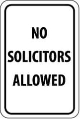 NMC - "No Solicitors Allowed", 12" Wide x 18" High, Aluminum Parking Lot Traffic Signs - 0.063" Thick, Black on White, Rectangle, Post Mount - Americas Industrial Supply