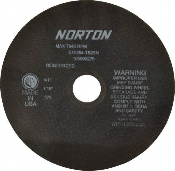 Norton - 8" 36 Grit Aluminum Oxide Cutoff Wheel - 1/16" Thick, 1-1/4" Arbor, 7,640 Max RPM, Use with Stationary Grinders - Americas Industrial Supply