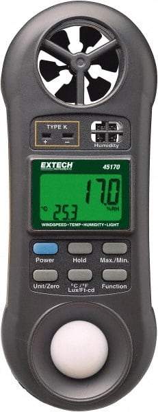 Extech - -148 to 2,372°F, 10 to 95% Humidity Range, Thermo-Hygrometer, Anemometer and Light Meter - 4% Relative Humidity Accuracy - Americas Industrial Supply