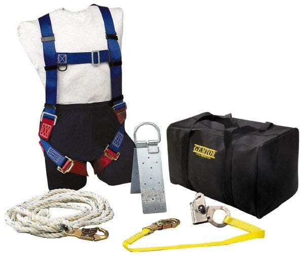Gemtor - Universal Size, 300 Lb. Capacity, Polyester Roofer Fall Protection Kit - 3 Ft. Lanyard Long, Reusable Anchor, Blue, Red and Yellow - Americas Industrial Supply