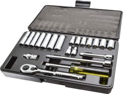 Stanley - 21 Piece 1/4" Drive Chrome Finish Deep Well Socket Set - 6 Points, 3/16" to 1/2" Range, Inch Measurement Standard - Americas Industrial Supply