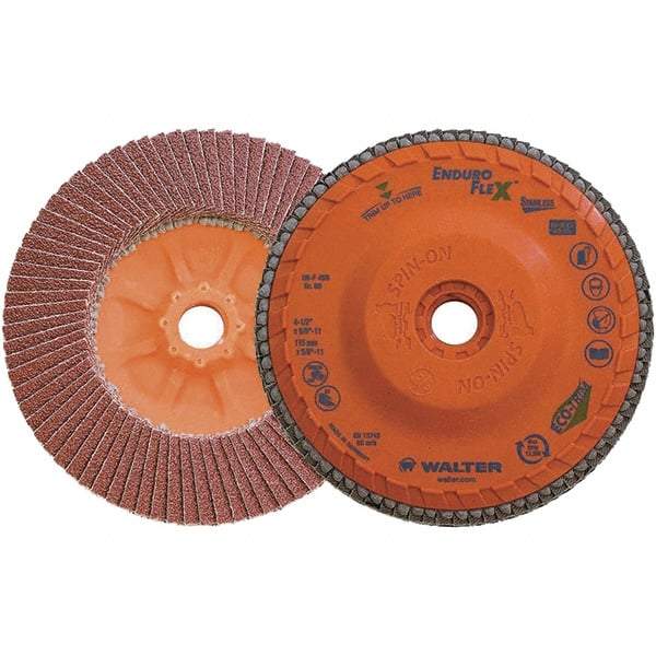 WALTER Surface Technologies - 80 Grit, 4-1/2" Disc Diam, 5/8-11 Center Hole, Zirconia Alumina Flap Disc - 13,300 Max RPM, Plastic Backing, Arbor Attaching System, Coated - Americas Industrial Supply